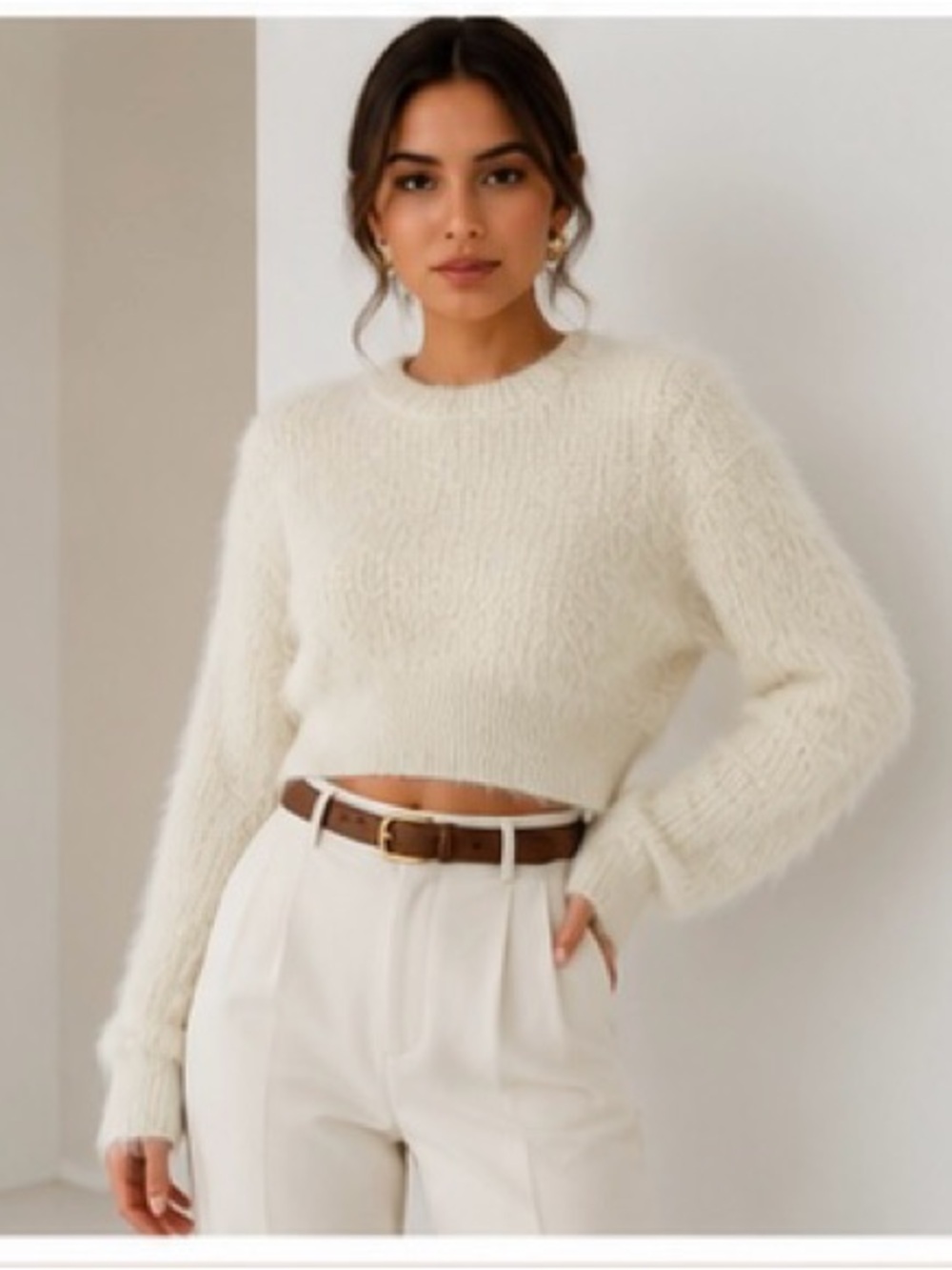 ZARA Cream Cropped Shaggy Knit Sweater Size M NWT